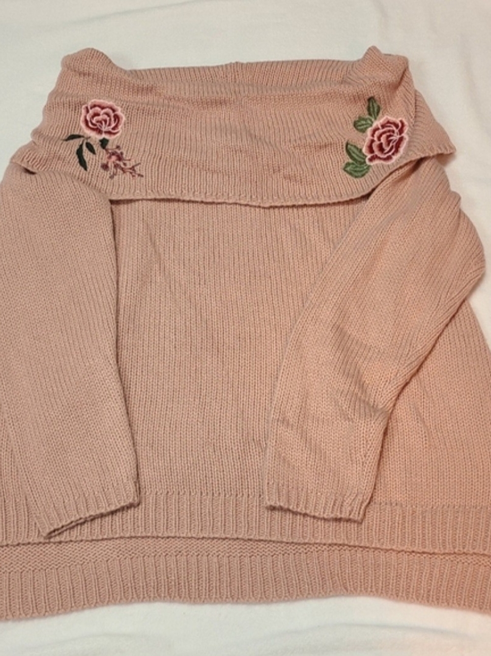 Arizona Jean Company Pink Off-Shoulder Sweater with Rose Embroidery